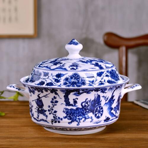 Jingdezhen large soup bowl with lid and ear