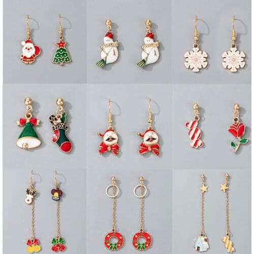 HuaTang Christmas Santa Red Green Snowman Drop Earrings for Women Girls Metal Tree Snowflake Elk Dangle Earrings Party Jewelry