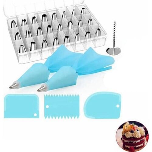 32Pcs/Box Stainless Steel DIY Cake Pastry Tools Set 24 Sockets 2 Reusable Socket Pockets 2 Couplers 1 Nail 3 Cream Scraper