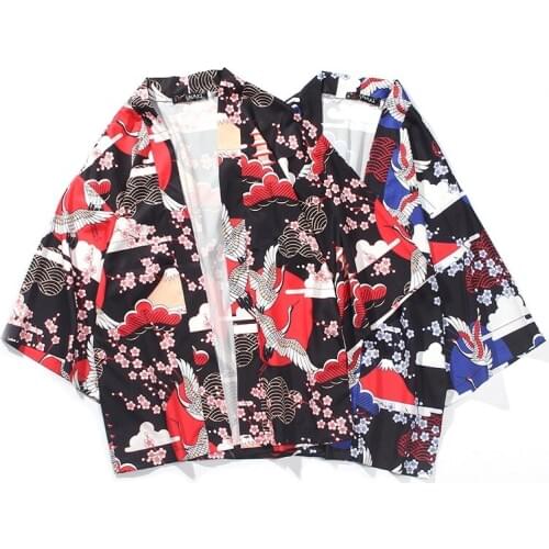 Women Men Unisex Japanese Cardigan Crane Print Jacket Coat Kimono Loose Sun Protection Red Blue Floral Jacket 909-579