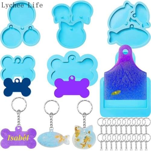 Lychee Life 6Pcs Pet ID Tags Silicone Mould Bone Fish Keyrings Resin Casting Craft Pottery Clay Molds Tools