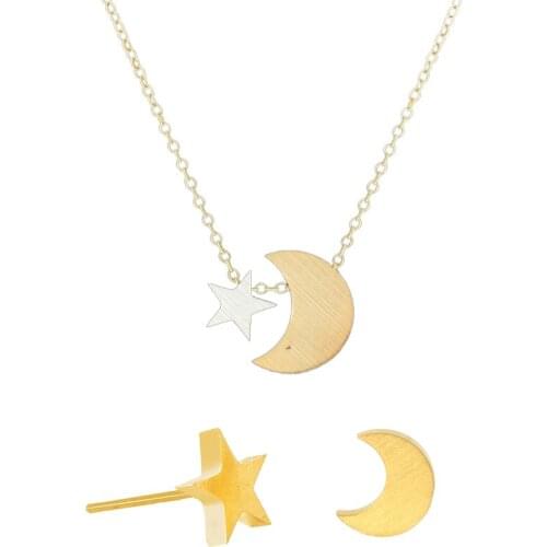 Fashion Crescent Moon Star Pendant Women Choker Necklace Girls Tiny Stud Earrings Set Stainless Steel Chain Gold Silver Color