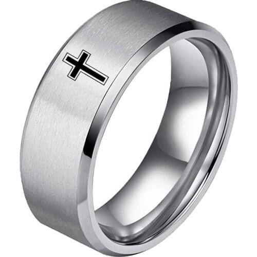Fashion Stainless Steel Cross Logo Ring Punk Mens Rings Jewelry Classic Black Mens and Womens Rings Gift 8mm size6-13