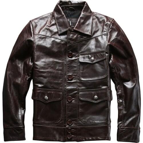 Mens Genuine Leather Jacket Multi-Pocket Brown Oil Wax Cowhide Coat Spring Autumn Casual Jacket