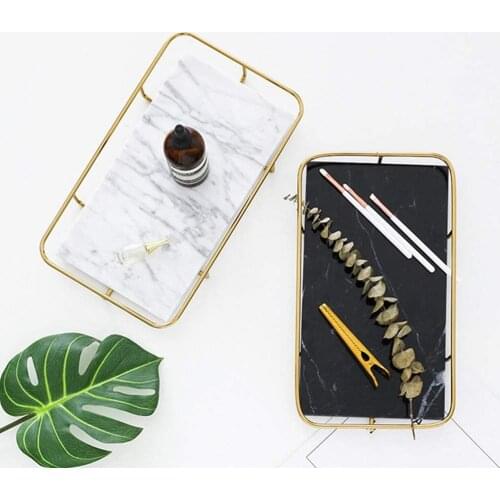Natural Marble Vanity Tray, Cosmetics Jewellery Perfume Tray with Golden Basket Frame