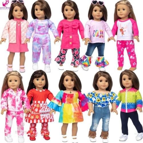 Doll clothes Rainbow Color Sweater 18 Inch Girl Doll Outfit Tassel Jeans Tie Dye Coat Baby Girl Gift
