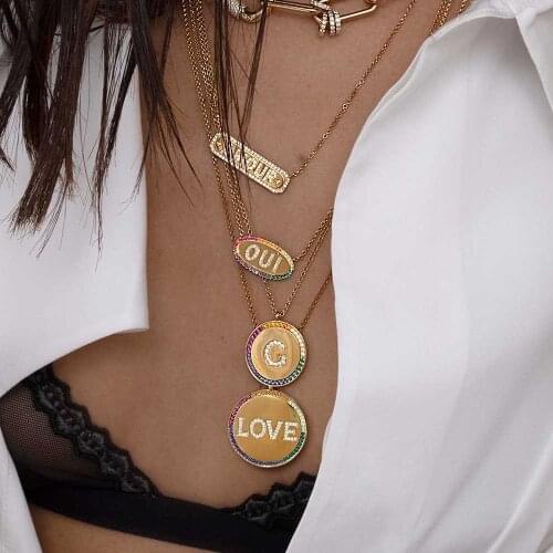 Initial Letter Pendant Necklaces For Woman Crystal 26 Letters Rainbow Necklace Gold Color Hip-hop Necklaces Round New