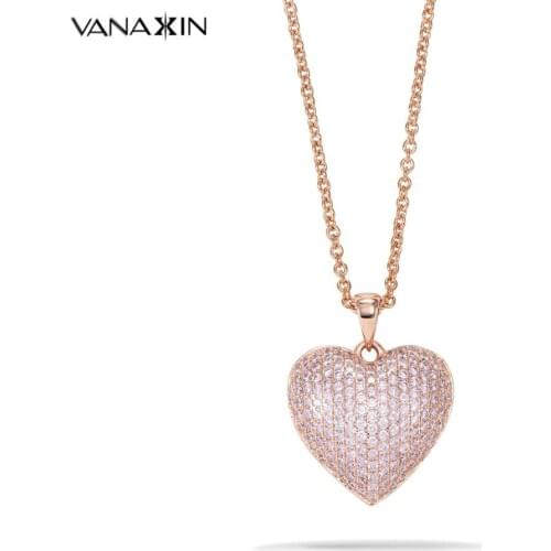 VANAXIN Heart Shape Necklaces For Women GF AAA Pink Cubic Zirconia Fashion Jewelry Date Mothers Day Gift High Quality Chain