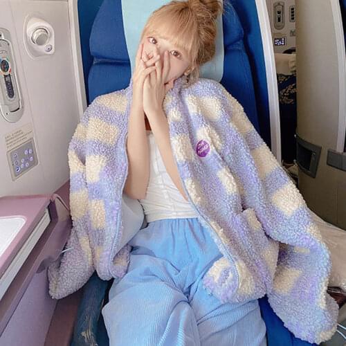 Japanese Kawaii Sweet Lolita Girl Cute Rainbow Plaid Coat Women Warm Winter Trend Coats And Jakets Harajuku All-Match Women Coat