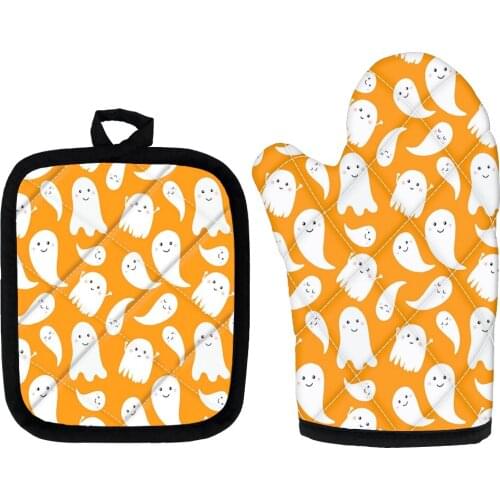 Halloween Ghost Design Polyester Cooking Heatproof Gloves Microwave Oven Mitts and Potholder Mat Baking Anti-slip potholders