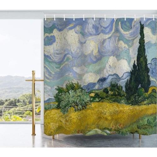 A Wheatfield with Cypresses Shower Curtain Van Gogh Waterproof Polyester Bathroom Decor