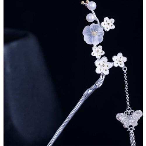 Chinese Hair Stick With Tassel Butterfly 925 Sterling Silver Hanfu Hair Accessory Sticks Pearl Crystal Flower Plum Blossom