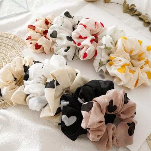 Hot Love Heart Print Chiffon Hair Scrunchie Elastic Hair Band Women Girls Ponytail Holder Hair Rope Rubber Band Hair Accessories
