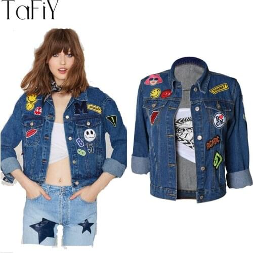 TaFiY 2017 Fashion Jeans Jacket Women 100% Cotton Denim Jacket 3D Print Loose Long Sleeve Denim Coat Spring Autumn Women Tops