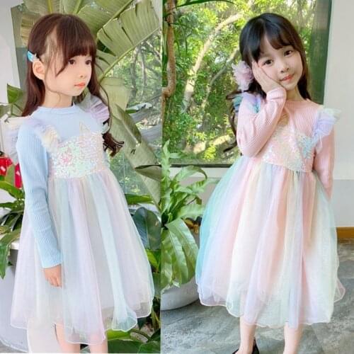 Ruffle Party Dress Girls Long Sleeve Ruffle Party Princess Dress Girl Sequin Rainbow Mesh Dress