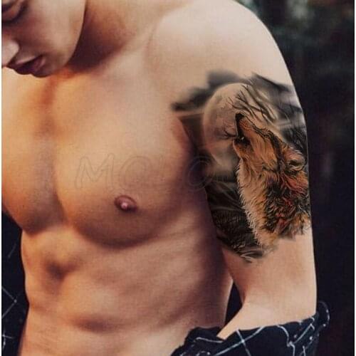 Temporary Tattoo Stickers Wolf Roar Moonlight Fake Tatto Waterproof Tatoo Back Leg Arm Belly Big Size for Women Men Girl