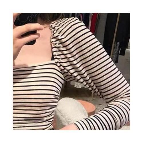 Women T-Shirt Stripe Tops and Shirt Square Collar Puff Sleeve Bottoming Long-sleeved Slim Ladies Tee Female Outfit