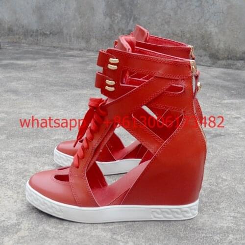 Real photo custom made real leather women hollow high top lace up red sneaker 8CM inner wedge heel high top sneaker woman