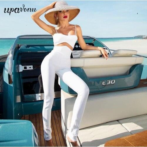 Free Shipping Womens Sexy Party White Sling Flare Jumpsuit 2021 Summer Sleeveless Bodycon Mesh Patchwork Bandage Jumpsuit