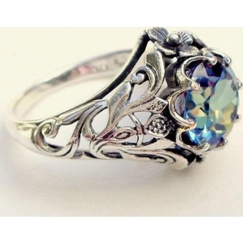 Vintage Women's Jewelry 925 Sterling Silver Rings 1.76CT Mystic Rainbow Topaz Diamond Antique Gemstone Ring Wedding Band