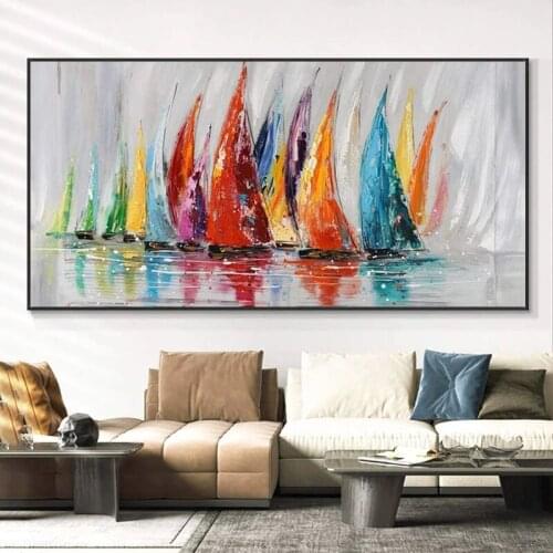 100% Handmade Painting On Canvas Wall Decoration Living Room Home Colorful Sailboat Seascape Hand Painted Abstract Paintings