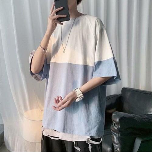 2021 Mens T-shirts Large Size Pacthwork Short-sleeve O Neck Loose Mens Summer Korean Style Harajuku T-shirts Mens Clothing