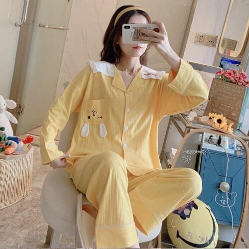 2021 Spring Autumn Long Sleeve Cotton Pajama Set for Women Cute Cartoon Sleepwear Suit Pyjama Homewear Pijama Mujer Home Clothes