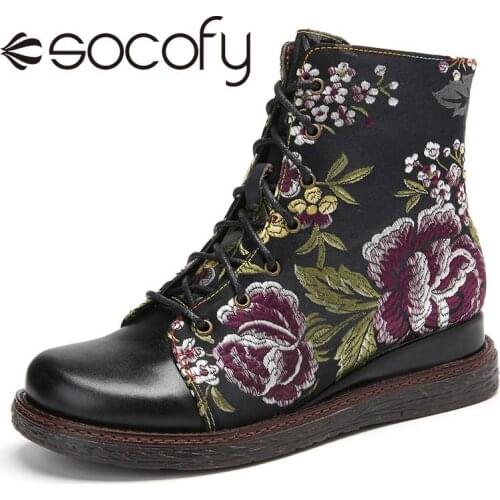 SOCOFY Women Flower Print Boots Retro Style Genuine Leather Zipper Ankle Boots Block Heel Shoes Casual Soft Shoes Botas Mujer