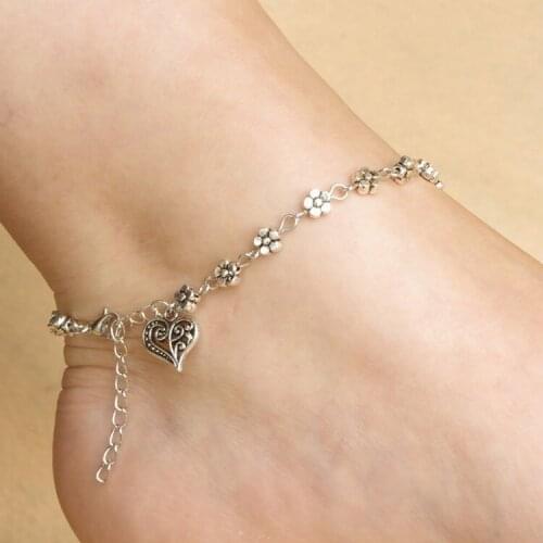 Fashion Tibetan Silver Bead Hollow Plum Daisy Flowers Heart-Shaped Anklet For Women Foot Chain Barefoot Sandals Beach Jewelry