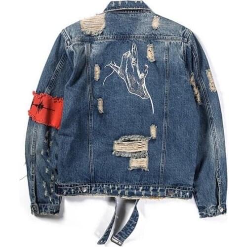 High Street Fashion Mens Denim Jacket Embroidery Buddha Finger Washed Hole Distressed Denim Jacket Men