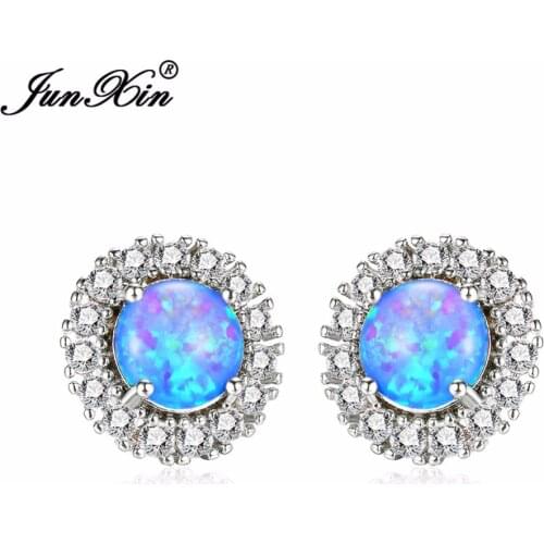 JUNXIN Fashion Female Small Round Stud Earrings Blue/Green Fire Opal Earrings For Women Silver Color Jewelry