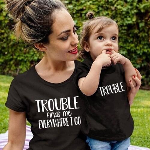 2021 Mommy And Me Trouble Matching Shirts Trouble Finds Me Evrywhere I Go Mom and Kid Match Tops Tees Summer Casual Family Look