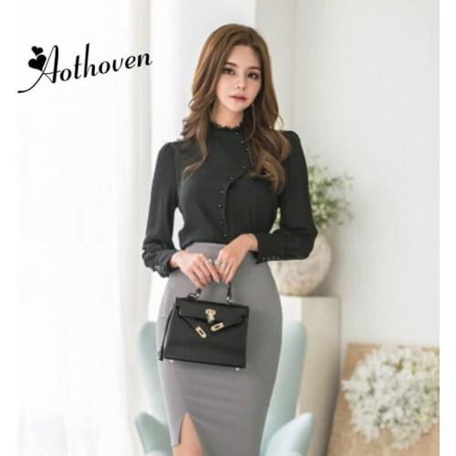2 Piece Set Autumn Women Black Full Sleeve O Neck Shirt Top and Gray Office Bodycon Asymmetrical Skirt Two Piece Set Vestidos
