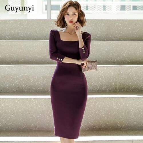 Fashion Business Office Dress 2020 Spring Purple High Waist Slim Simple Seven-Quarter Sleeve Womens Elegant Party Dress