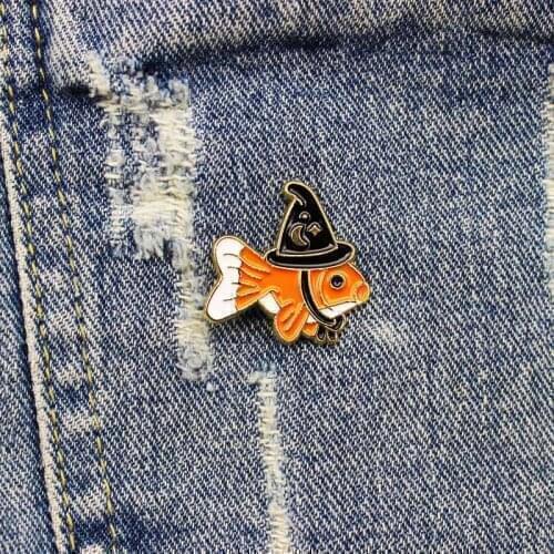 Cartoon Fun Animal Fish Wear Hat Enamel Brooch Goldfish Alloy Badge Pin Clothes Bag Accessories Woman Jewelry Gift For Friends