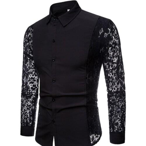 Mens Flower Patchwork Embroidery Lace Shirt 2021 Fashion Transparent Sexy Dress See Trough Club Party Event Chemise