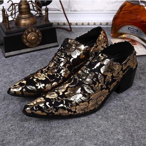 Calcados Masculino Gold Claret Lace Pointed Toe Men Dress Party Shoes Increased Printed Shoes for men Party Tuxedo Mens Shoes