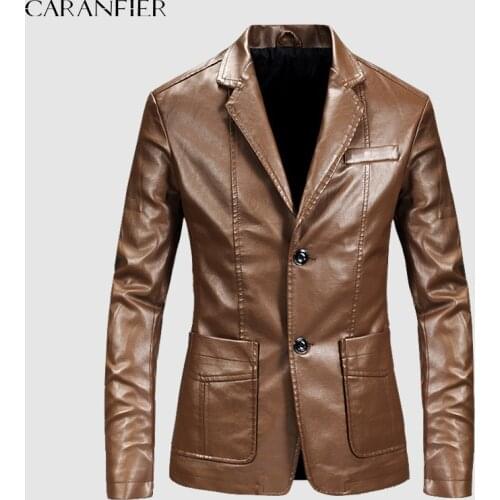 CARANFIER Men PU Leahter Jacket Mens Leather Blazer Clothing Faux Leather Suit Male Classic Spring Autumn British Outerwear