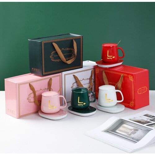 Warmer Cup Pad 55 Degree Thermostat Heating Electric Mug Set With Cover Spoon Office Milk Tea Water Home Office Couple Best Gift