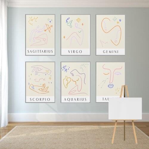 Zodiac Poster Pair Astrology poster Art Painting Modern Century Line Art Poster Female Figure Canvas Prints Scorpio Art Decor