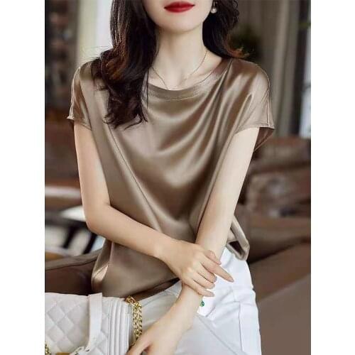 Silk Thin Short Sleeve Tees Korean Style Slip Woman Summer Clothes Elegant Black Brown Tops Solid Loose Casual Plus Size 4XL