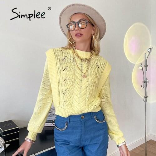 Simplee Elegant hollow out long sleeve women sweater solid Casual o-neck knit pullover autumn Youth series cropped female jumper