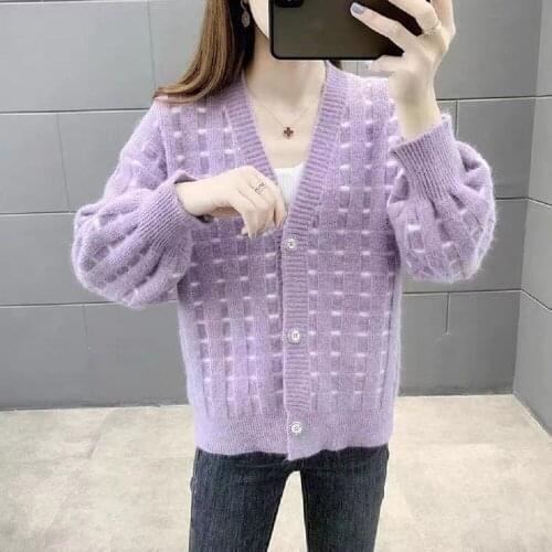 Sweater jacket ladies loose autumn clothes 2021 new style small V-neck blouse spring and autumn knitted cardigan