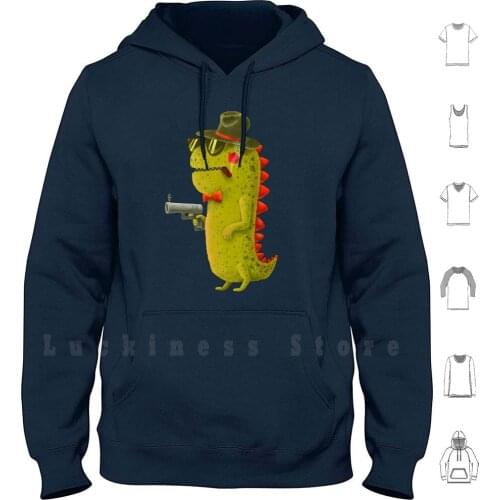 Dino Bandito Hoodies Long Sleeve Glasses Dinosaur Dino Gun Hat Cigar Green Gangster Olive