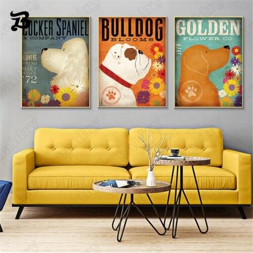 Vintage Cat Dog Animals Canvas Painting Rrtro Pug Dog Golden Bulldog Pug for Living Room Decoration Vintage Home Wall Decoration