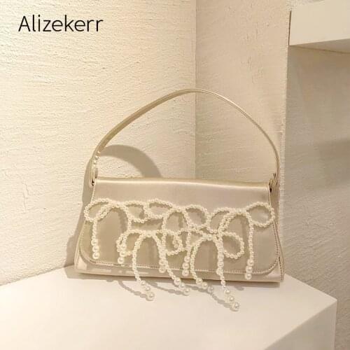 Pearls Bow Satin Evening bag Women 2021 New luxury Designer Chic Square Underarm Shoulder Bag Female Kawaii Purses And Handbags