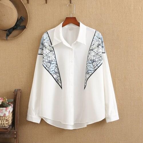 Women Plus Size Fall And Spring Clothing Long Sleeves Lapels Symmetrical Geometric Printing Widen And Fatten Large Size Shirt