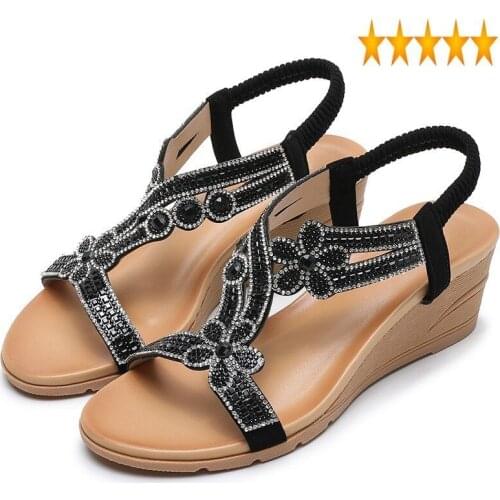 2021 Summer Women Wedge Bohemia Rhinestones Flower Chunky Shoes Plus Size Street Peep Toe Rome Sandals Female