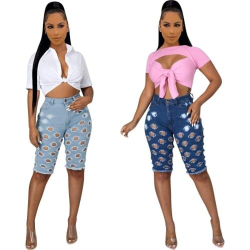 Sexy Hole Knee Length Jeans Women Hollow out Denim Trousers 2021 Fashion Streetwear Women Zipper Short Pants Y2k Clothing S-3XL
