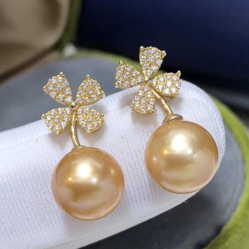 Fine Jewelry 1103 Pure 18 K Gold Natural Ocean Golden Pearls 8-9mm Stud Earrings for Women Fine Pearl Earrings